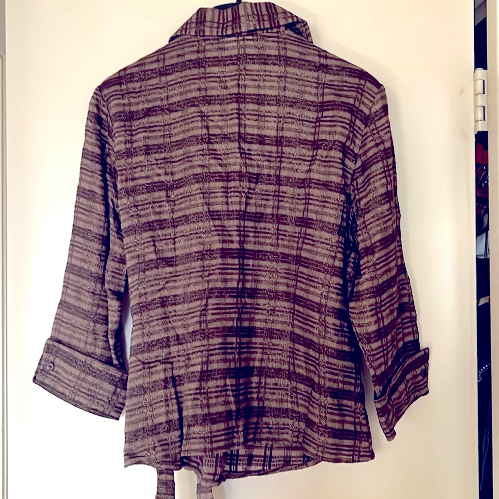 NWOT. Coldwater Creek brown shimmer striped linen blend summer evening blouse. - Picture 6 of 8